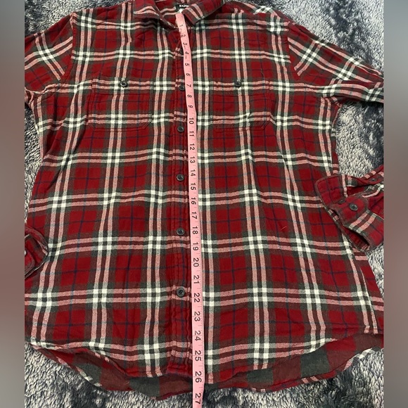 Express Men’s Large Burgundy Plaid Long Sleeve Button Front Flannel Shirt - Picture 7 of 8
